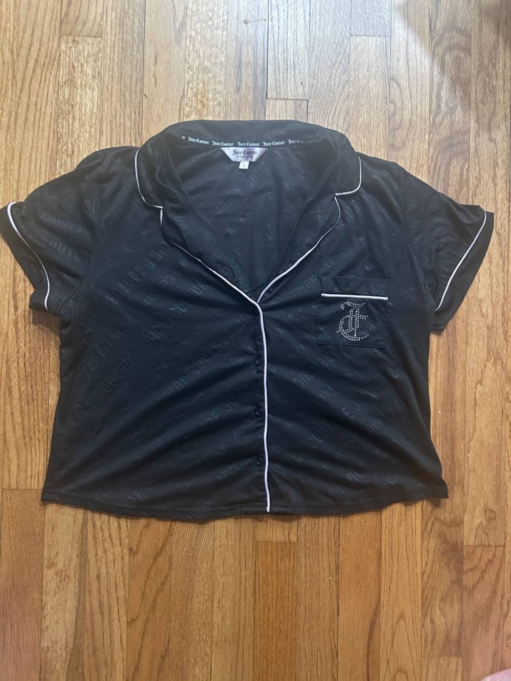 Juicy Couture Black Cropped Pajama Top with Rhinestone JC Logo